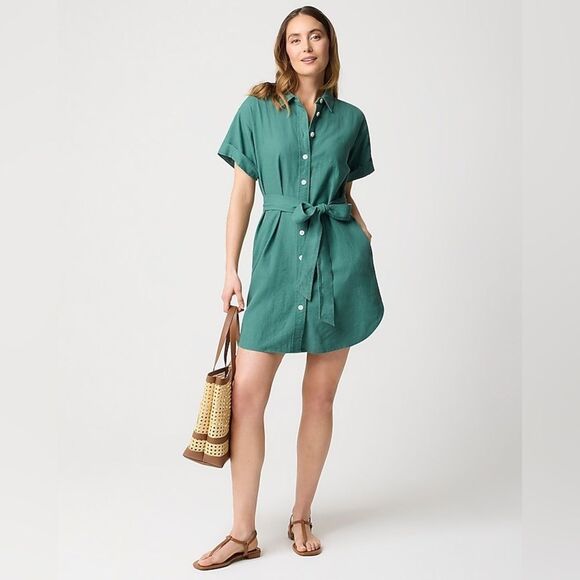 J Crew Factory Linen Blend Belted Mini Shirtdress Size Small Lamppost Green NWT - Picture 1 of 13
